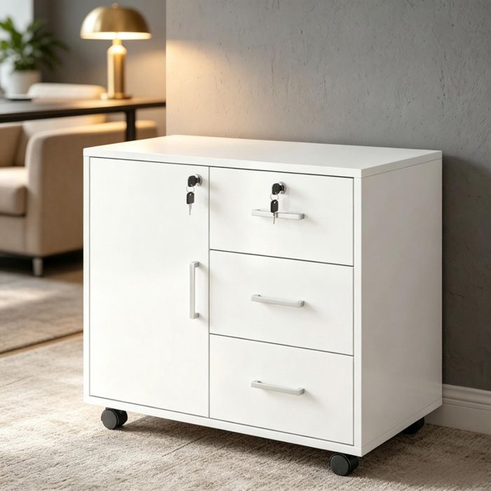 Caisson Bureau 60x40x56 cm avec 3 Tiroirs Porte Verrouillable Étagère Réglable Roulettes Mobiles - Blanc