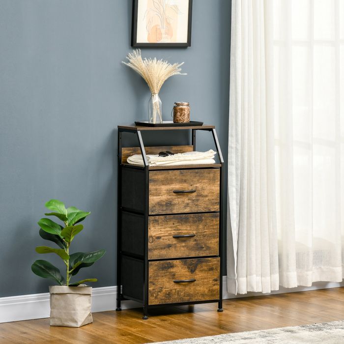 Chiffonnier 3 tiroirs en tissu pliables avec étagère ouverte 44 x 29 x 92 cm marron rustique
