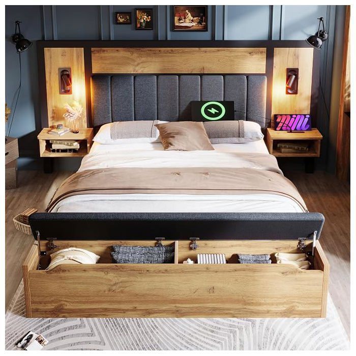 Lit double rembourré 180 x 200 cm avec lampe de lecture table de chevet et banc USB-C avec espace de rangement sommier à lattes