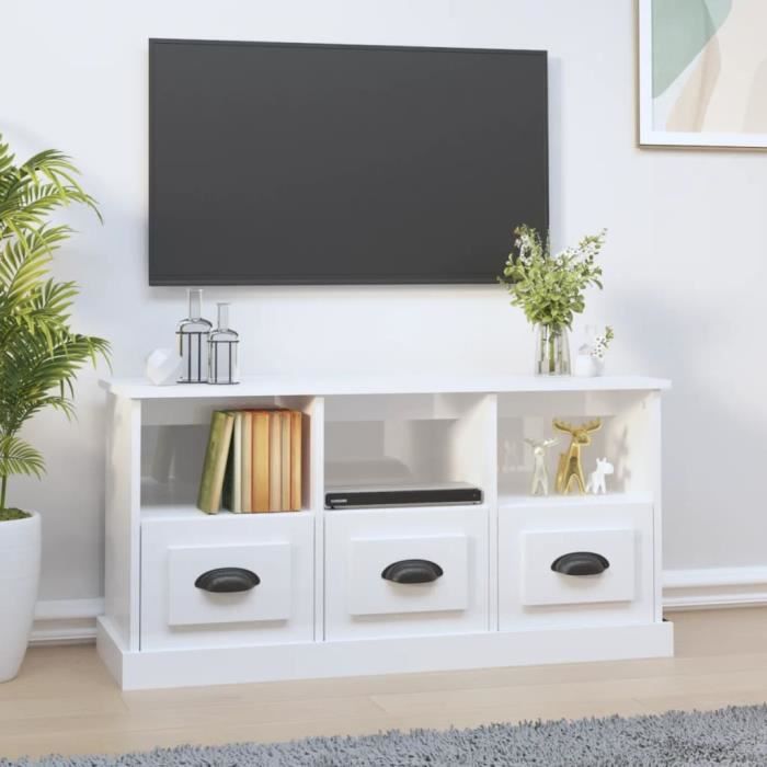 Meuble TV - AKOZON - 100x35x50 cm - Bois dingénierie - Blanc brillant - 3 tiroirs