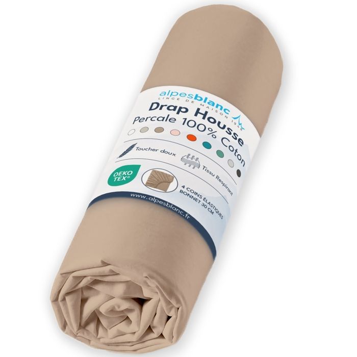 ALPES BLANC - Drap housse Percale 80 fils - Mastic 140x190 cm - Grand bonnet 30 cm – Fabrication Européenne – Doux résistant ALPES BLANC - Drap housse Percale 80 fils - Mastic 140x190 cm - Grand bonnet 30 cm – Fabrication Européenne – Doux résistant