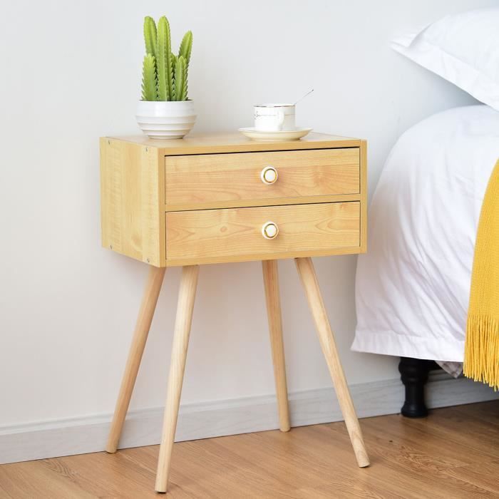 Table de Chevet en Bois Scandinave laqué satiné avec Tiroir Coloris Nature 40*30*60.5cm
