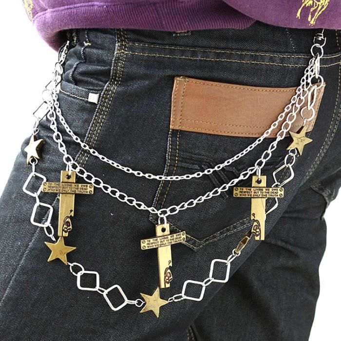 Chaîne De Pantalon Punk Hip-hop En Argent | Avec Pendentifs Croix, Lune, étoile | Porte-portefeuille Ou Porte-clés Décoratif - 5