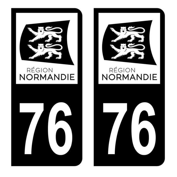 Autocollants Stickers plaque immatriculation voiture auto département 76 Seine-Maritime Logo Région Normandie Full Noir Lot de 2