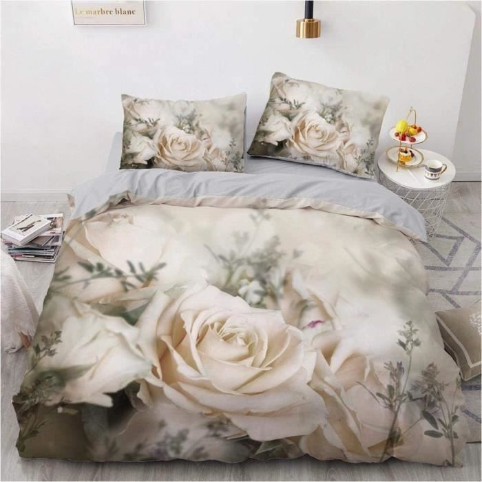 Housse de Couette 140x200cm Rose Blanche avce 2 taies d'oreillers