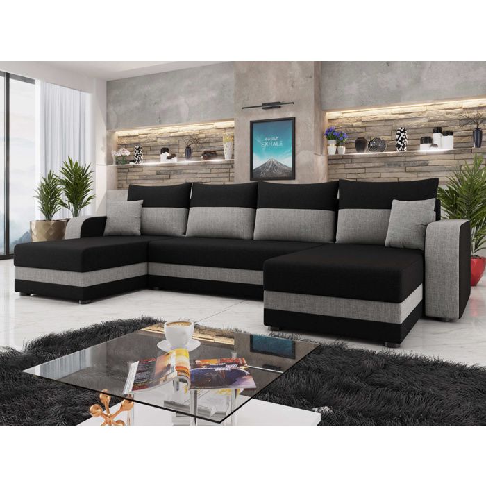 Harvey - Canapé panoramique en U 7 places convertible avec coffre en tissu bicolore - Noir / Gris