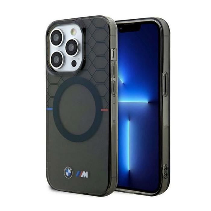 Coque BMW MagSafe pour iPhone 14 Pro Max — Gris motif hexagonal polycarbonate & bords TPU