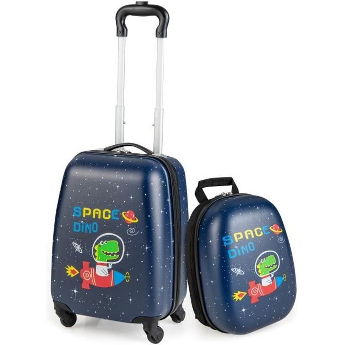 costway valise enfant à roulettes 16’’ + sac à dos 12’’, ensemble de bagage enfants avec motif dinosaure, voyages en avion, noir