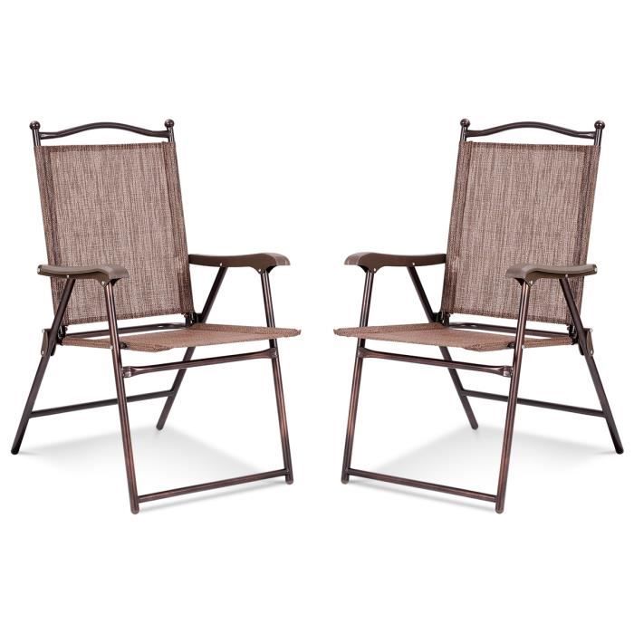 costway lot de 2 chaises de jardin pliantes en textilène & métal, fauteuil jardin avec accoudoirs, dossier pour plage, camping café
