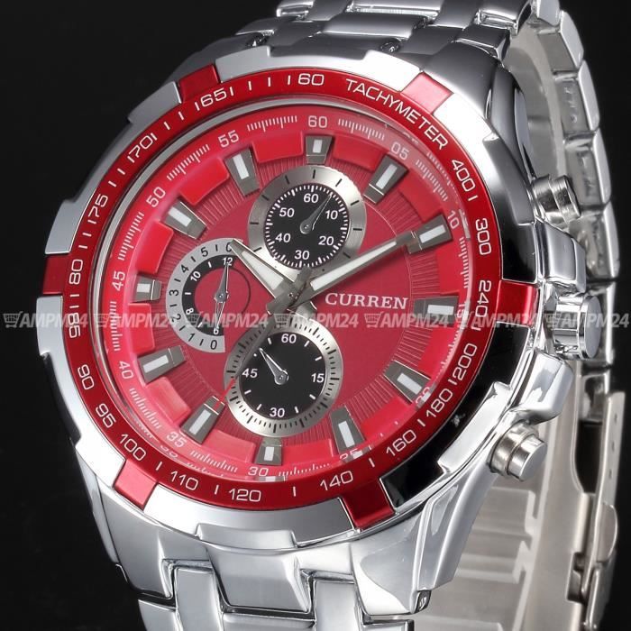 Analog Montre Homme A Quartz Boitier Rouge Cadran Rouge Bracelet Acier Argente Sport Cdiscount Bijouterie