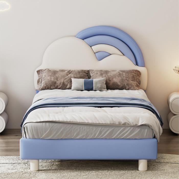 lit simple d'enfant 90x200cm, lit capitonné avec tête de lit en forme de nuage arc-en-ciel, sommier à lattes en bois, pu, bleu