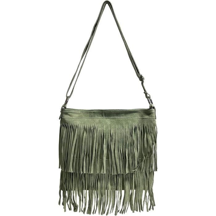 Sac Bandoulière En Daim Avec Franges - Fabriqué En Italie - Modèle Leo - Dimensions 22x26x4 Cm
