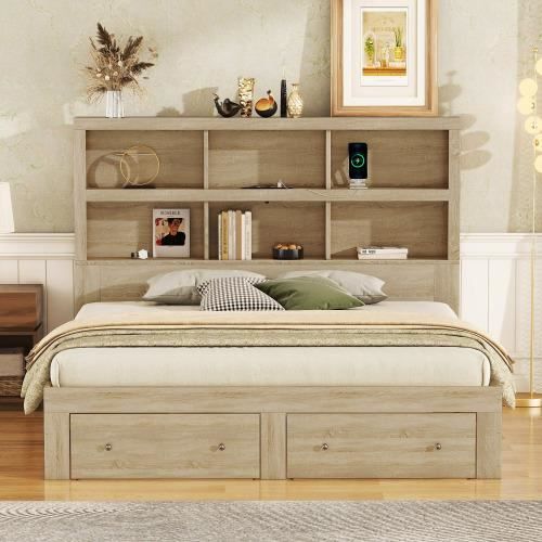 Lit double 160*200cm, bois massif,tête de lit avec rangements, Bois