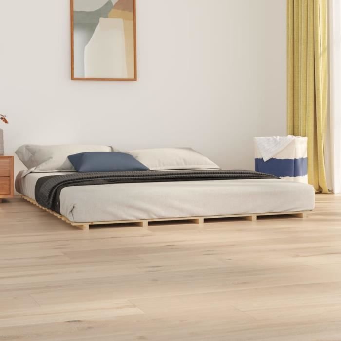 cadre de lit en bois de pin massif - estink - 200x200 cm - blanc - campagne