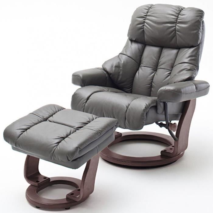 fauteuil relax clairac xl assise en cuir nougat pied en bois couleur noyer avec repose pied gris cuir inside75
