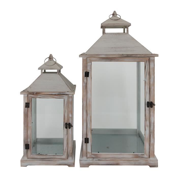 rebecca mobili set de 2 lanternes décoratives verre métal bois clair 72x32x27