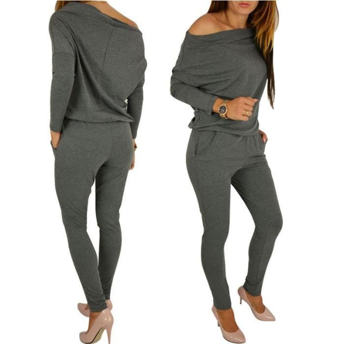 Combinaison Pantalon Femme de Soiree Sexy Jumpsuit Chic Gris Uni avec Manches Longues Bustier epaules Denuees et 2 Poches Gris Cdiscount Pret a Porter