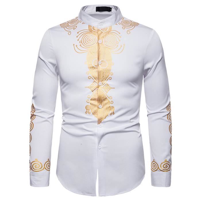 Chemise Homme Chemise a Manches Longues Chemise Habillees Casual Decontractee Henley Shirt Regular Fit Imprime Dore Pour Homme Blanc Blanc Cdiscount Pret a Porter