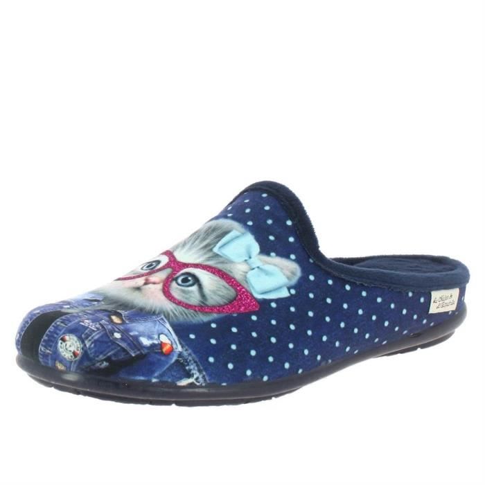 Chaussons mules femme La Maison de l'Espadrille 9047 - chat à lunettes - bleu