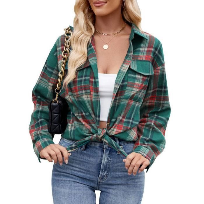 Chemise à carreaux surdimensionnée boutonnée avec poches pour
