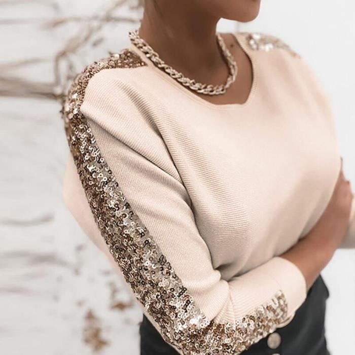 PULL Pull a paillettes a manches longues pour femme elegant solide col en V decontracte Sexy epaules Type 02 Apricot Blanc Cdiscount Pret a Porter