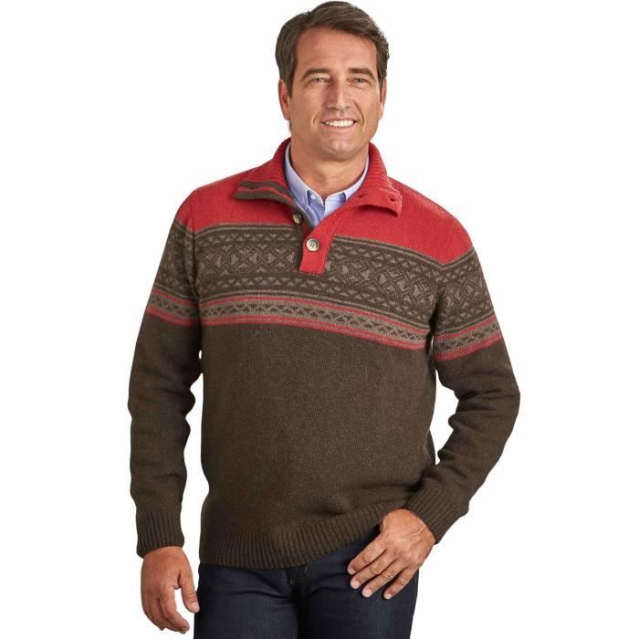 Pull homme laine Club Norway Motif jacquard scandinave Col montant Marron rouge