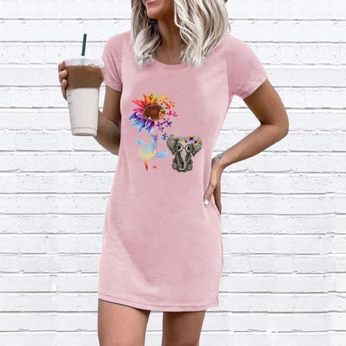 Mode Femmes Casual Bebe Elephant Fleur Imprimer O Cou Robe A Manches Courtes Rose Rose Cdiscount Pret A Porter