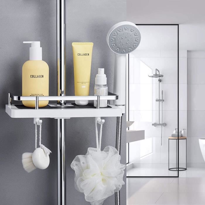 Etagère Douche 2 Pcs, Étagères de Salle Bain, Serviteur Douche Sans Perçage, Organisateur Douche avec 8 Crochets Amovibles, Paniers Rangement D' organisateur de Douche Mural pour Salle de Bain, Cuisin