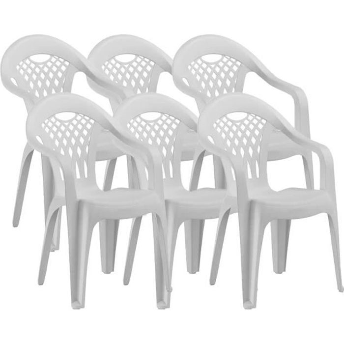 Lot de 6 chaises de jardin empilables en résine coloris Blanc - Longueur 58 x Profondeur 54 x Hauteur 86 cm Lot de 6 chaises de jardin empilables en résine coloris Blanc - Longueur 58 x Profondeur 54 x Hauteur 86 cm