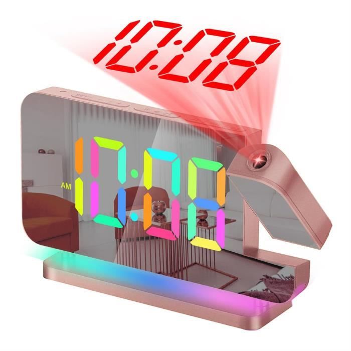 À Projection, Horloges NuméRiques à Miroir LED de 7,4 Pouces, Grand éCran, Projecteur Rotatif à 180°, Veilleuse en Or Rose CLOCK - Maison