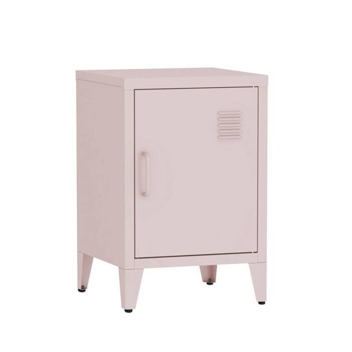 Table de chevet en acier rose. 1 porte. casier. chambre enfant