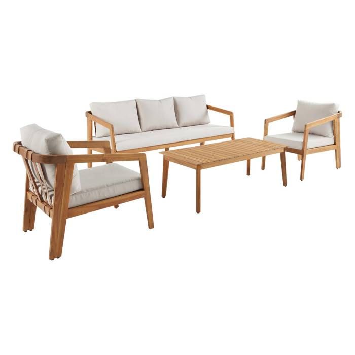 Salon de jardin beige 5 places bois dacacia LOBERIA avec lanières effet cuir