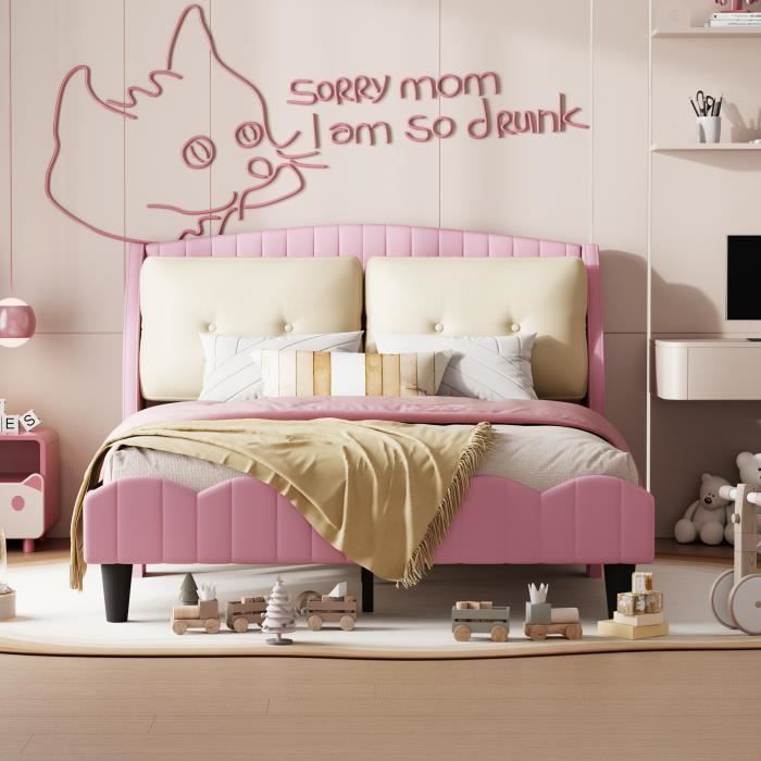 lit enfant 140 x 200 cm avec sommier à lattes, dossier et deux grands coussins, lit double en simili cuir, rose