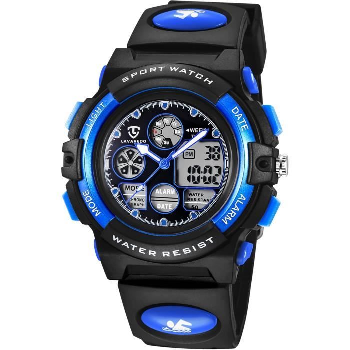 Montre Digitale Enfant Garçon - Étanche 5 ATM, Chronomètre, Alarme, Double Fuseau - Bracelet Silicone Coloré - Cadeau Sport, école
