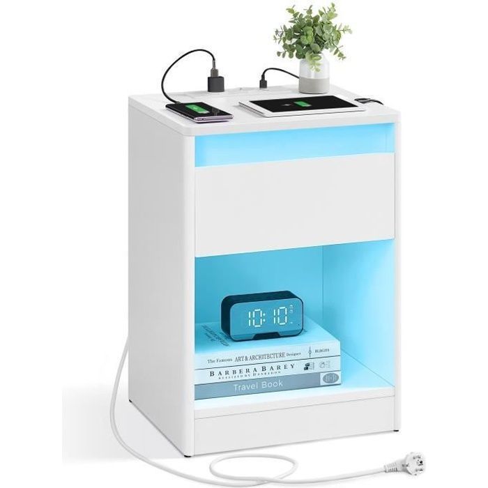 VASAGLE Table de Nuit avec Multiprise Table d’Appoint avec Lumières LED Réglables Tiroir 2 Prises 2 Ports USB Blanc Nuage