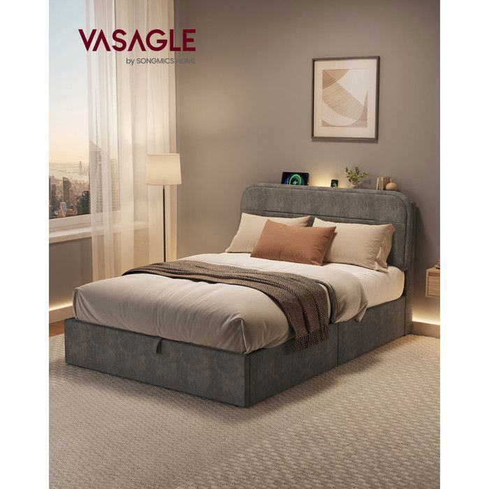 Lit Complet Double Lit Coffre 140 x 190 cm Sommier Relevable avec Rangement LED Tête de Lit Style ModerneGris Ardoise