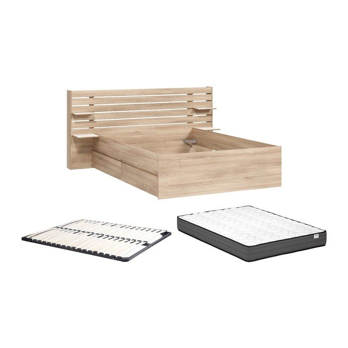 Lit 140 x 190/200 cm avec rangements - Coloris : Naturel + Sommier + Matelas - TENALIA II