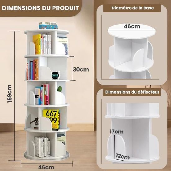 Étagère Tournante 360° Mosegor - Bibliothèque Rotative 5 Niveaux Blanc Pour Salon, Bureau | Rangement Livres Et Déco