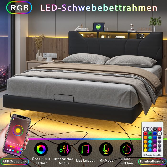 Lit Flottant 160x200 Avec LED RGB, Ports USB/Type-C, Tête De Lit Rangement Et Coffre Hydraulique – Design Moderne Et Multifonction