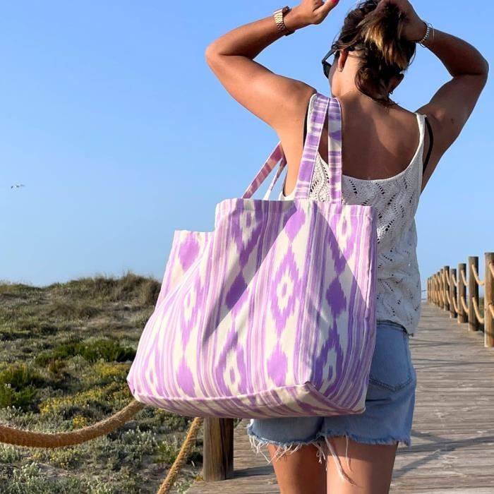 Grand Sac De Plage Xxl Extra Large Famille - Style Méditerranéen-Doublure À  L'Intérieur - 40L Sac Cabas De Femme En Grand Fo[u21]