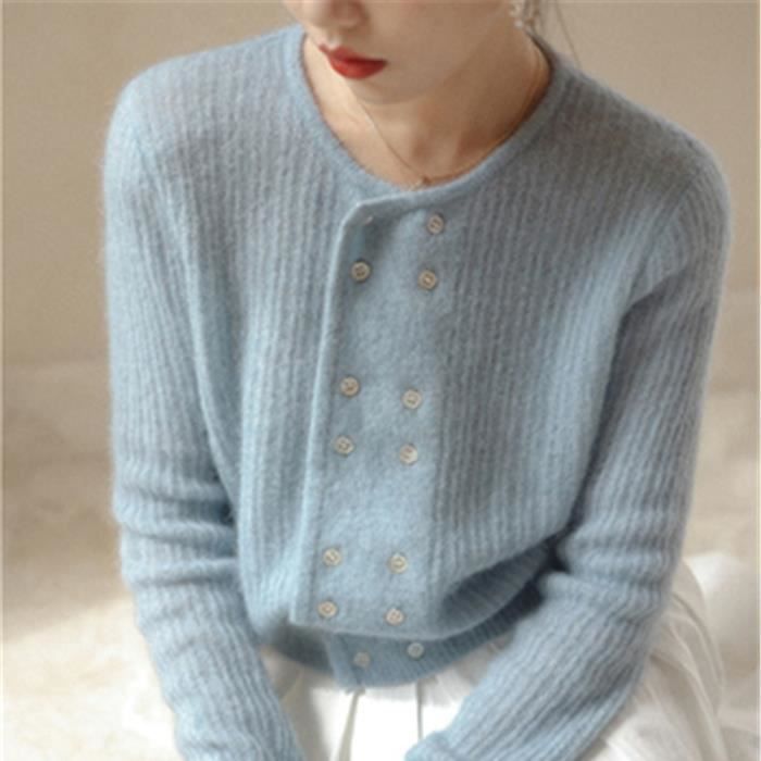 Gilet Cardigan Femme Limiguyue Double boutonnage Bleu Haut decontracte a col rond Blanc Cdiscount Pret a Porter