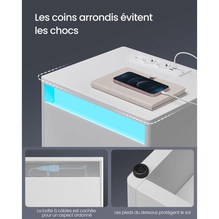 Lot De 2 Tables De Chevet Avec Multiprise Et Lumière LED - 3 Tiroirs, 2 Prises CA + 2 USB - Blanc, 60x30x66.6 Cm - Pour Chambre, Salon - 3
