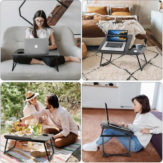 Table De Lit Réglable Pour Ordinateur Portable - Plateau Large Antidérapant 60x40cm, Ventilateur Et Lampe USB, Tiroir - Bureau De Lit Pliable Hauteur Et Angle Réglables