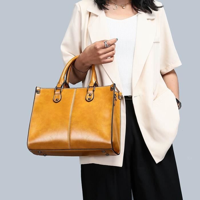 Yellow 34cm 10cm 24cm Sac main en cuir marron pour femmes