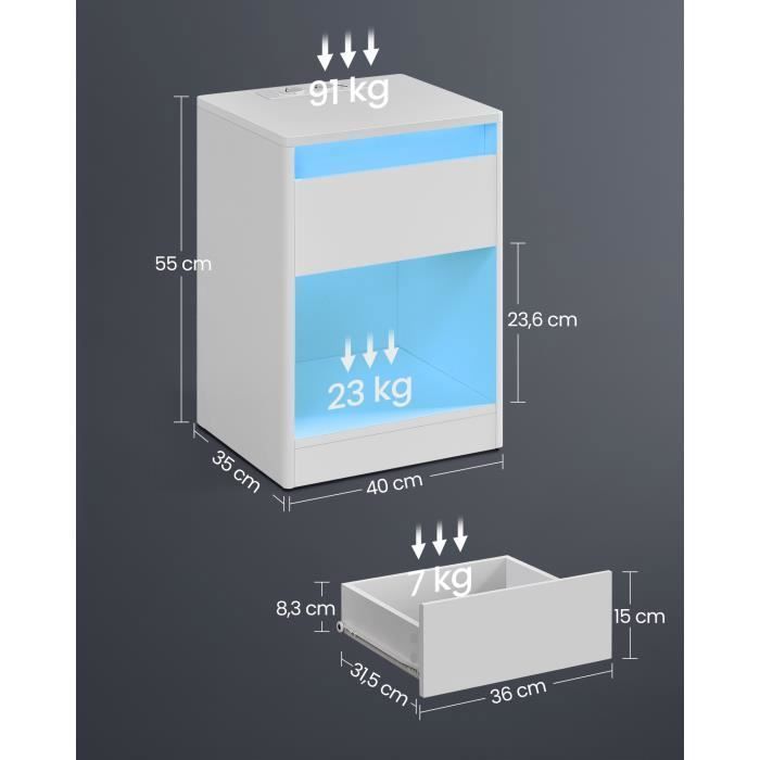 Table De Chevet Blanche Avec Multiprise Intégrée - 2 Prises CA + 2 USB | Tiroir De Rangement | Design Moderne à Pieds Dorés