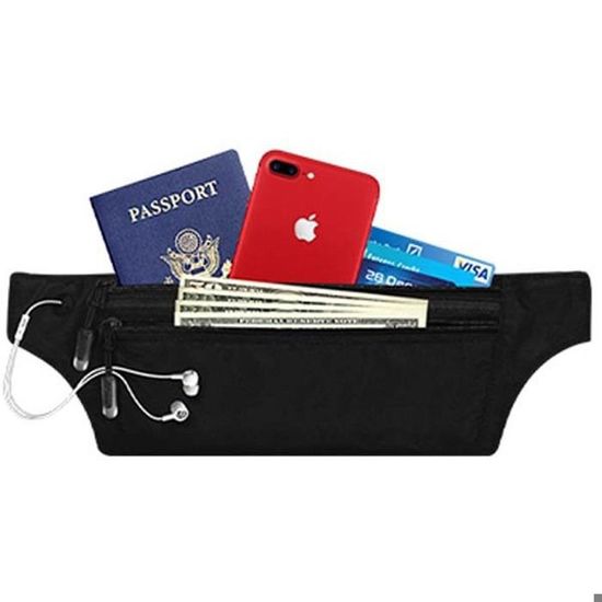 Pochette Ceinture Voyage Sécurisée – Lot 2 (Noir + Beige) Poche Ventrale Plate Anti-Vol Avec Fermeture Éclair – Passeport, Argent, Téléphone