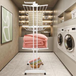 Séchoir à Linge Télescopique WODFARR - Double Tringle Rétractable, 4 Roulettes, Support Jusqu'à 20 Kg - Noir/Argent