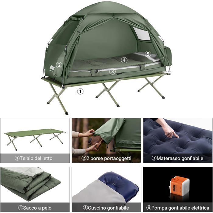 SoBuy Lit De Camp 4‑En‑1 Avec Toit, Sac De Couchage, Matelas