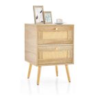 GIANTEX Table de Chevet en Rotin PP avec 2 Tiroirs- Table d'Appoint avec Pieds en Pin- Table de Nuit pour Salon/Chambre