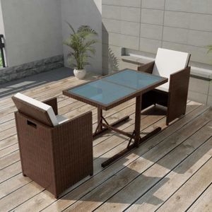 Ensemble table et chaise de jardin HOP-Salon de jardin encastrable 3 pcs et coussins Rotin Marron-HOP42540